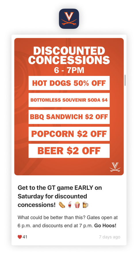 University of Virginia Mobile App - Football Gameday discounted concessions