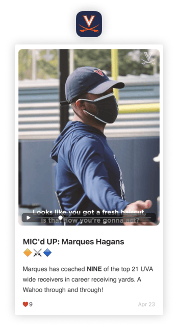 University of Virginia Mobile App - mic'd up with Football coach Marques Hagans