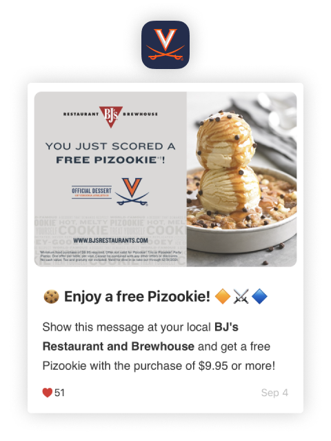 University of Virginia Mobile App - Football fans win a free pizookie from BJ's Restaurant and Brewhouse
