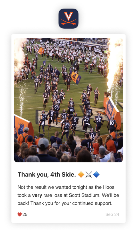 University of Virginia Mobile App - Thanking football fans in the 4th Side