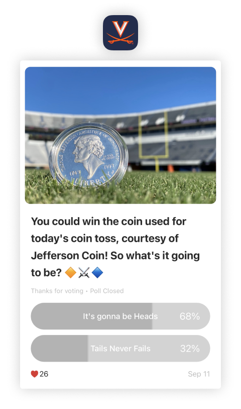 University of Virginia mobile app - win the coin used for football coin toss