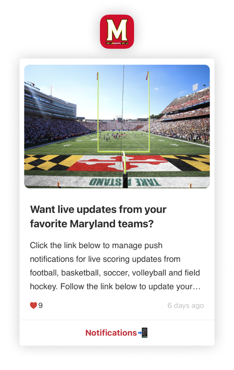 Maryland Terrapins Mobile App - notifications reminder for football fans