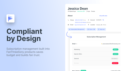 Compliant By Design: Subscription management built into FanThreeSixty products saves budget and builds fan trust.